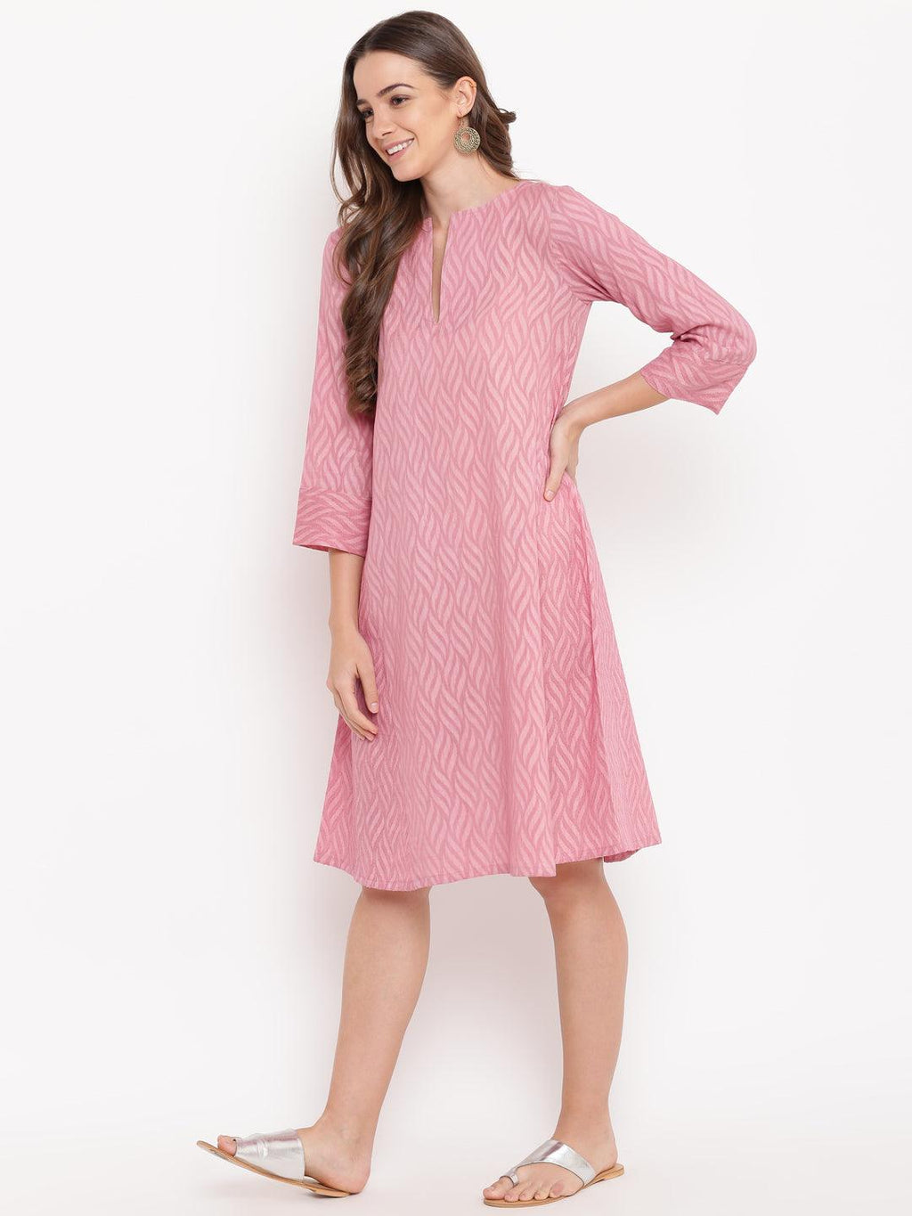 trueBrowns Pink Floral Dobby Cuff Dress