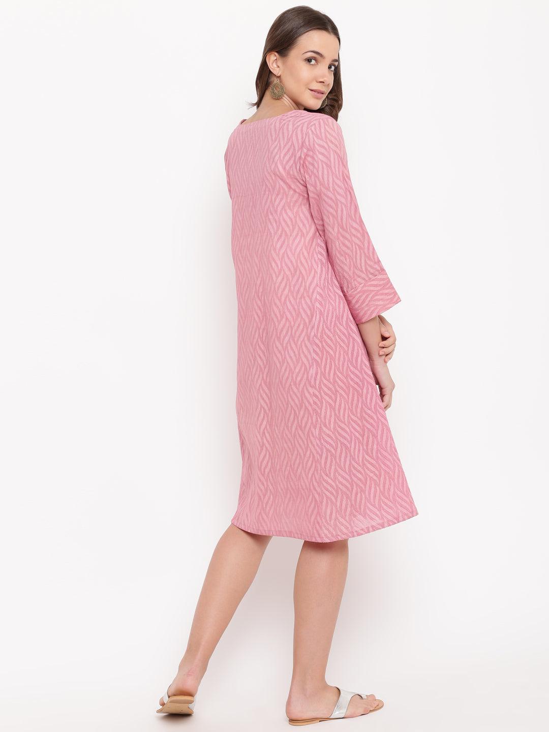 trueBrowns Pink Floral Dobby Cuff Dress