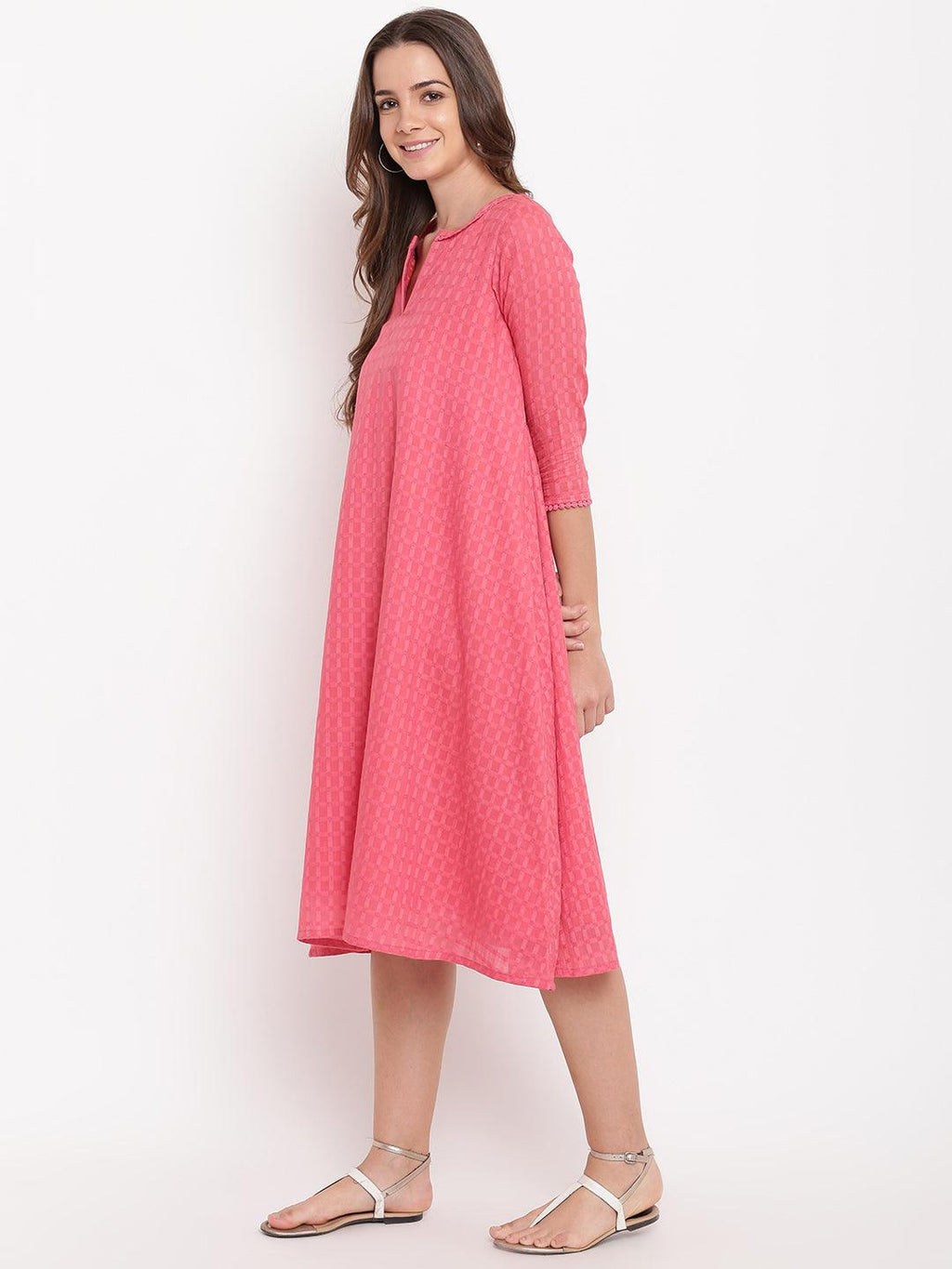 trueBrowns Brick Pink Dobby Grid Flared Dress