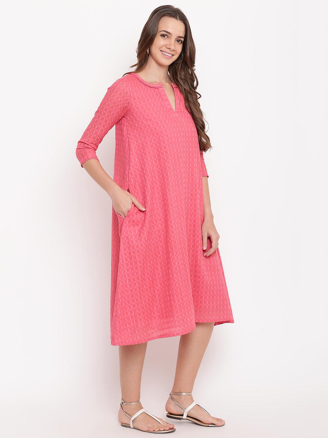 trueBrowns Brick Pink Dobby Grid Flared Dress
