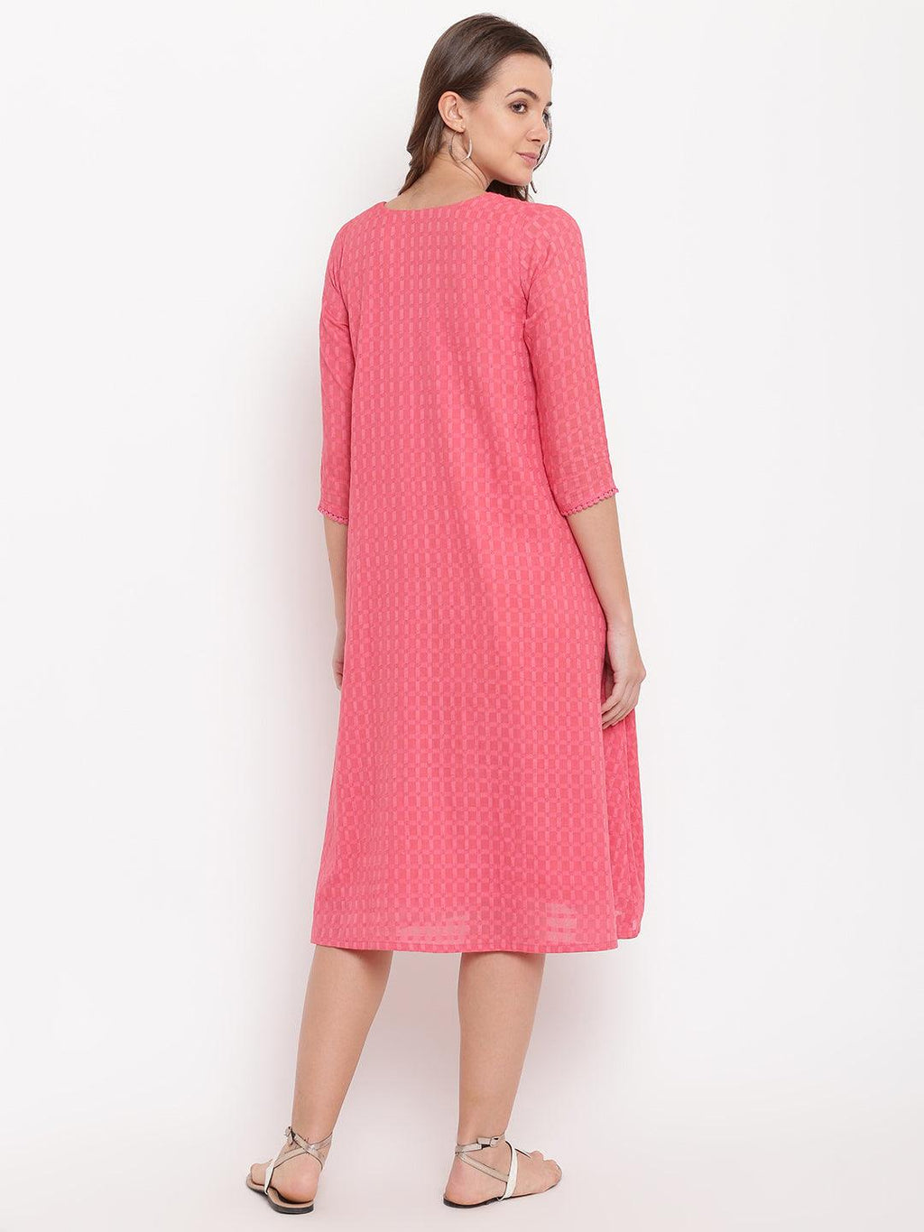 trueBrowns Brick Pink Dobby Grid Flared Dress
