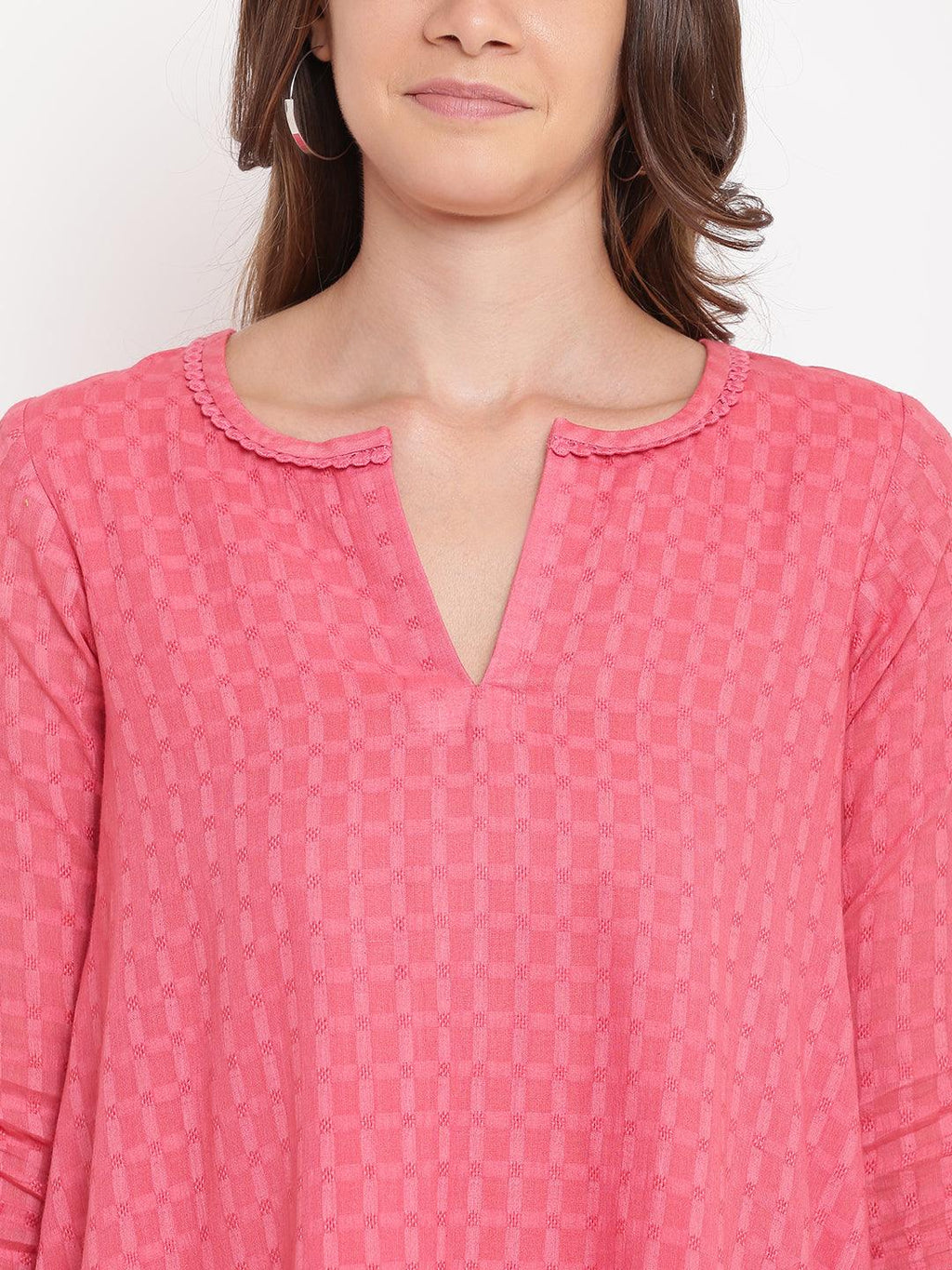 trueBrowns Brick Pink Dobby Grid Flared Dress