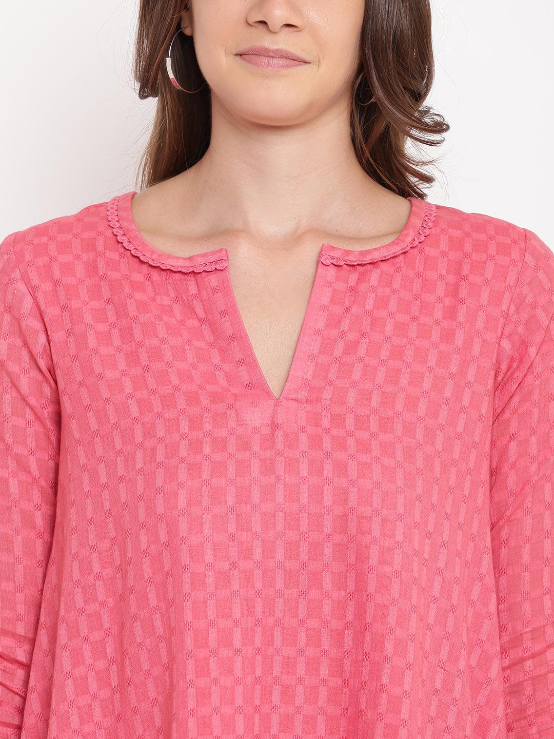 trueBrowns Brick Pink Dobby Grid Flared Dress