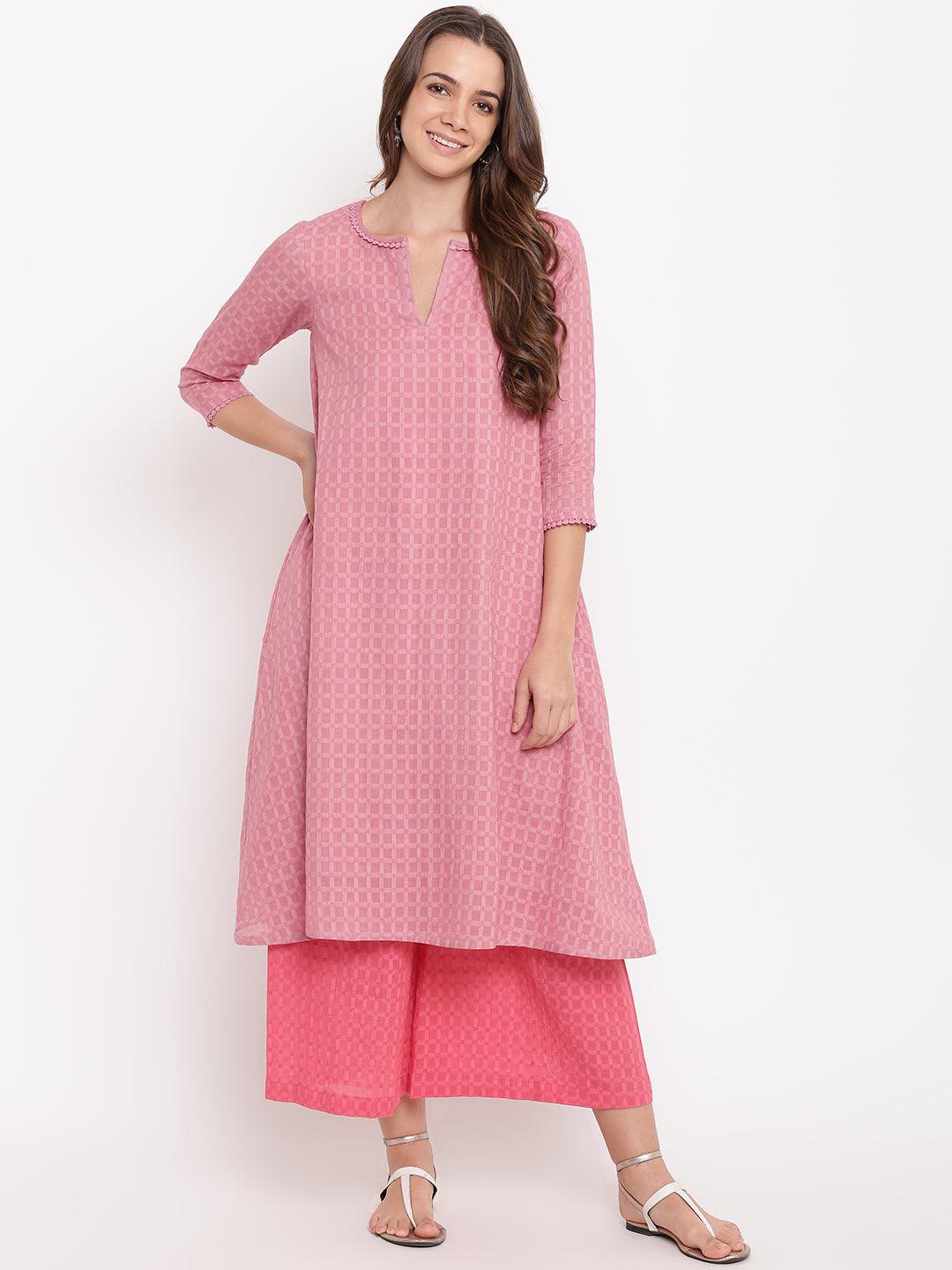 trueBrowns Pink Grid Dobby Kurta-Contrast Palazzo