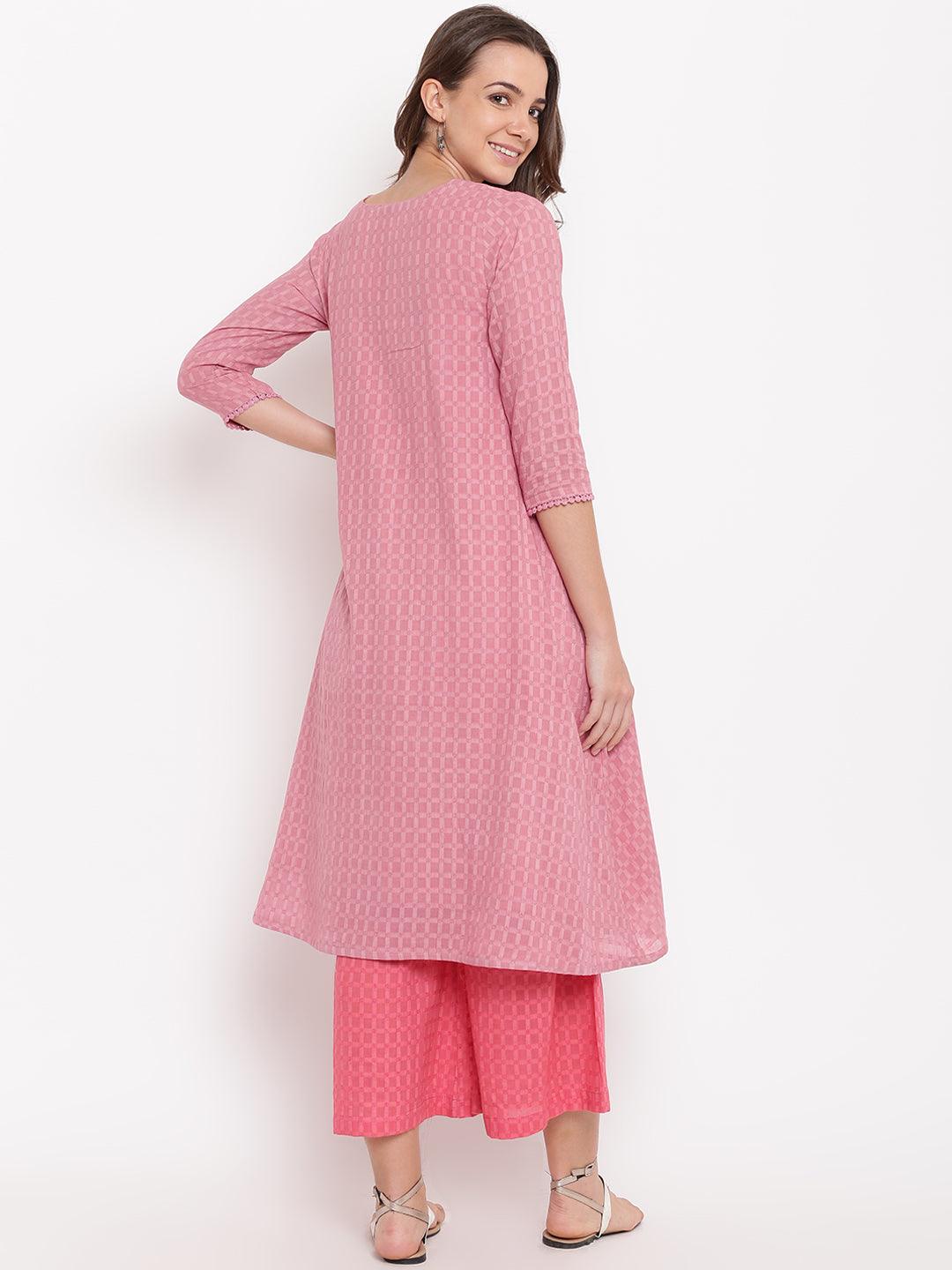 trueBrowns Pink Grid Dobby Kurta-Contrast Palazzo