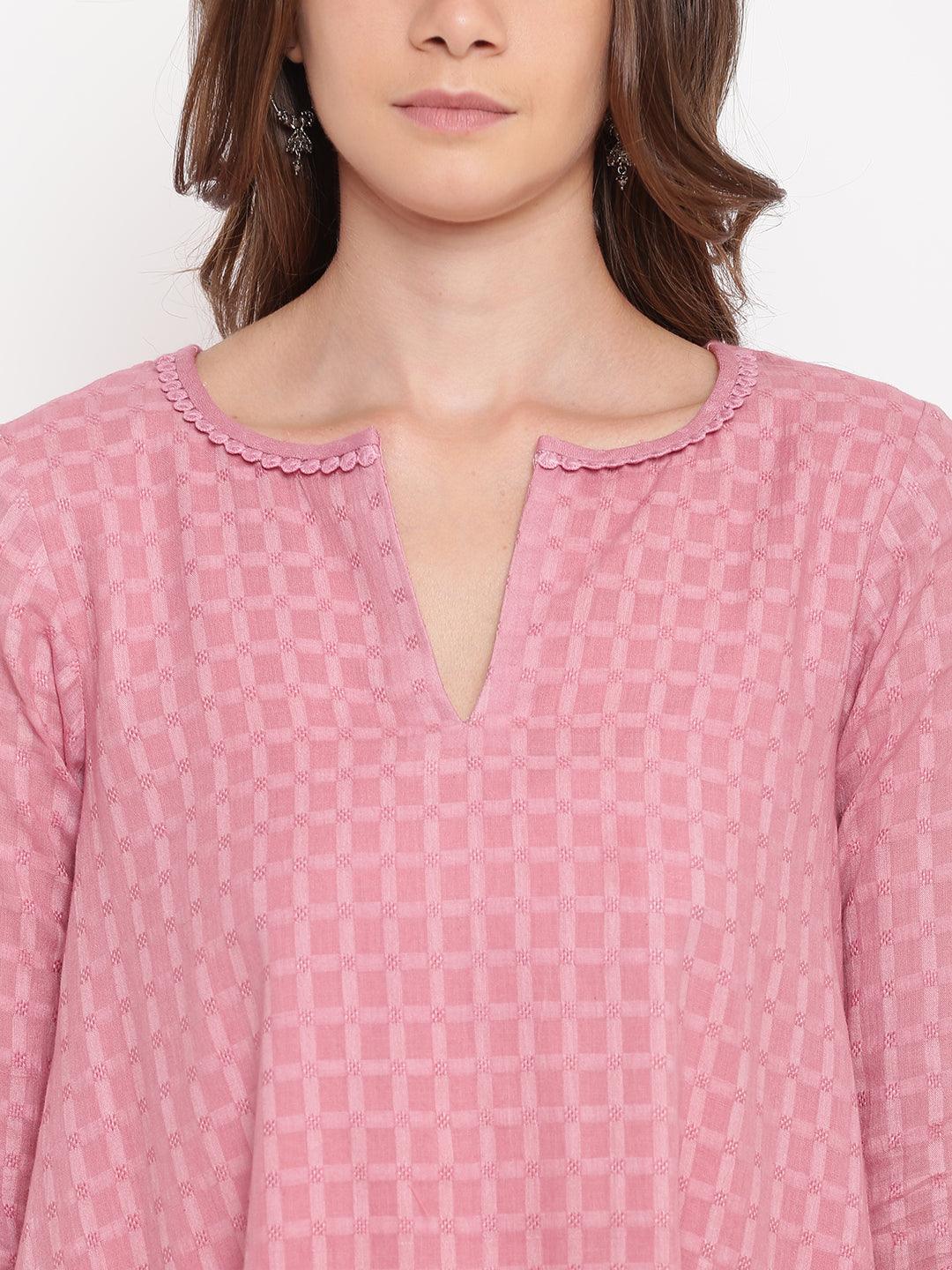 trueBrowns Pink Grid Dobby Kurta-Contrast Palazzo