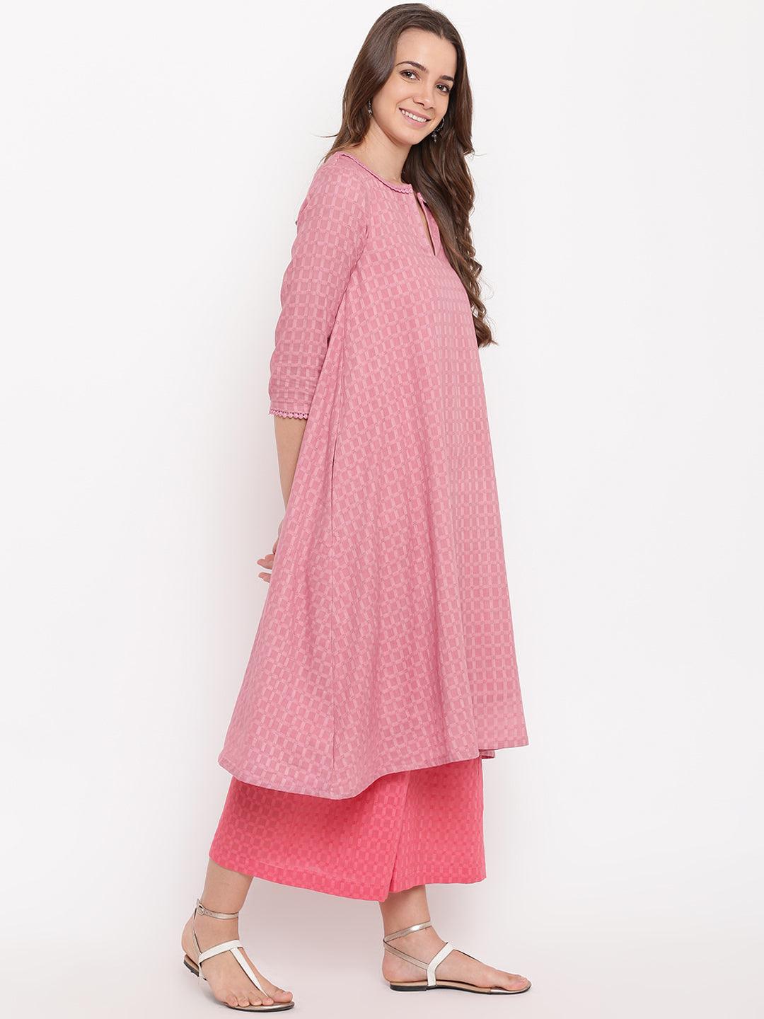 trueBrowns Pink Grid Dobby Kurta-Contrast Palazzo