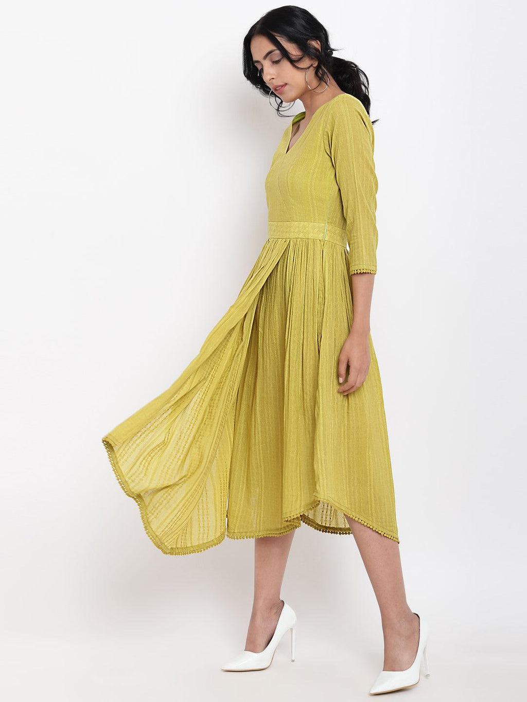 trueBrowns Cotton Overlap Flare Dress - Green