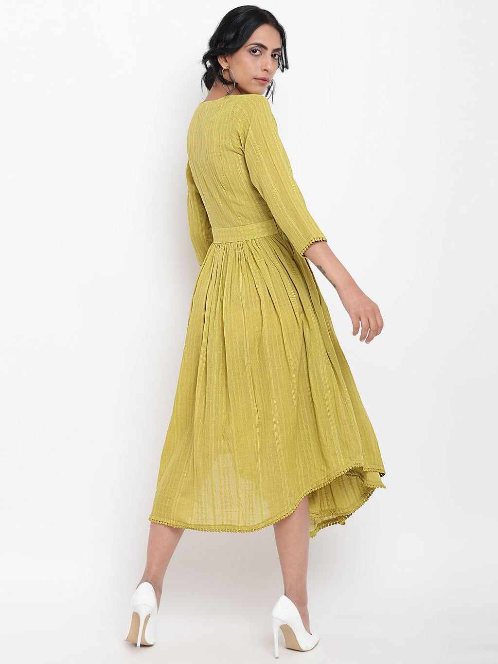 trueBrowns Cotton Overlap Flare Dress - Green