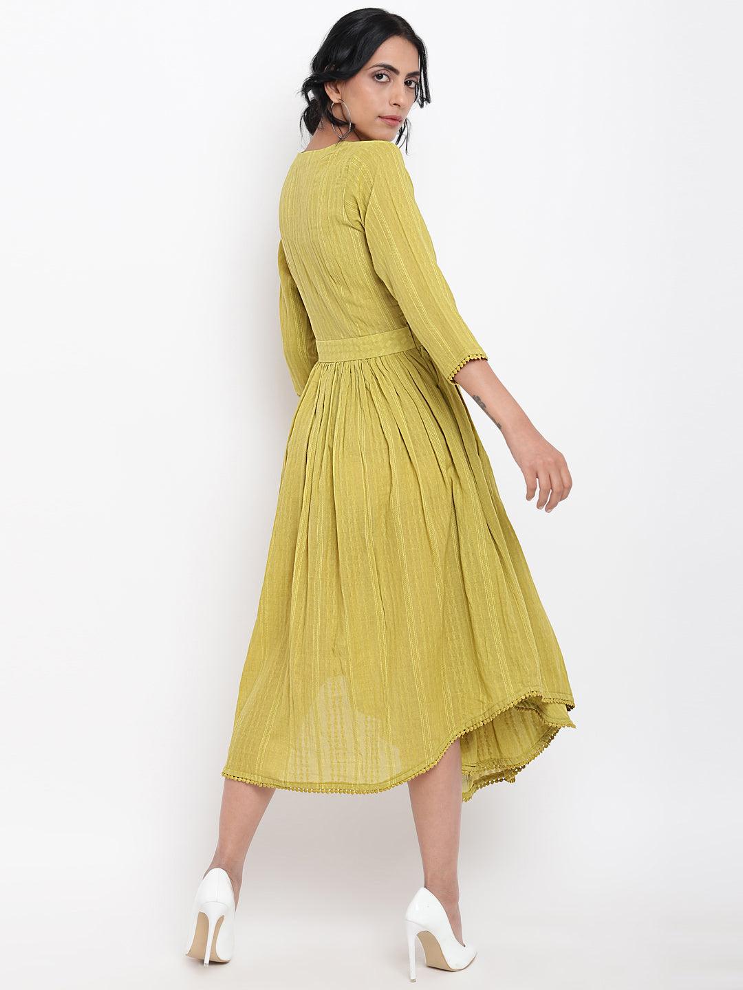 trueBrowns Cotton Overlap Flare Dress - Green