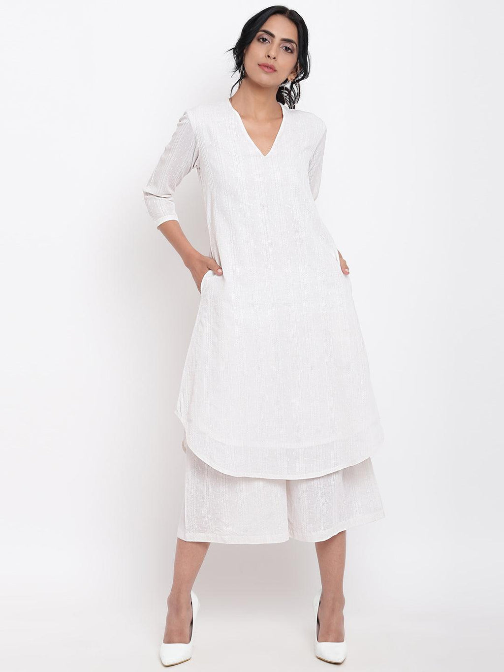 trueBrowns White Dobby Kurta Set