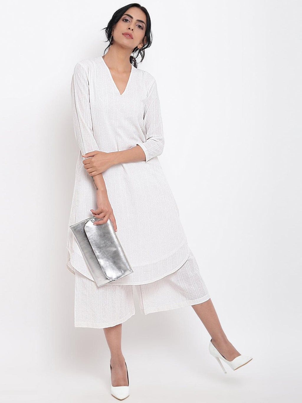 trueBrowns White Dobby Kurta Set