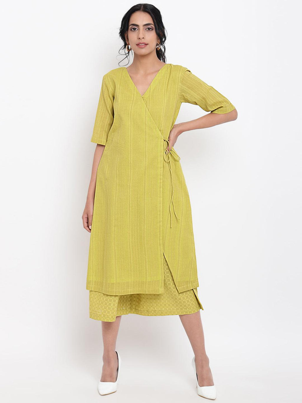 trueBrowns Green Cotton Angrakha Kurta Set