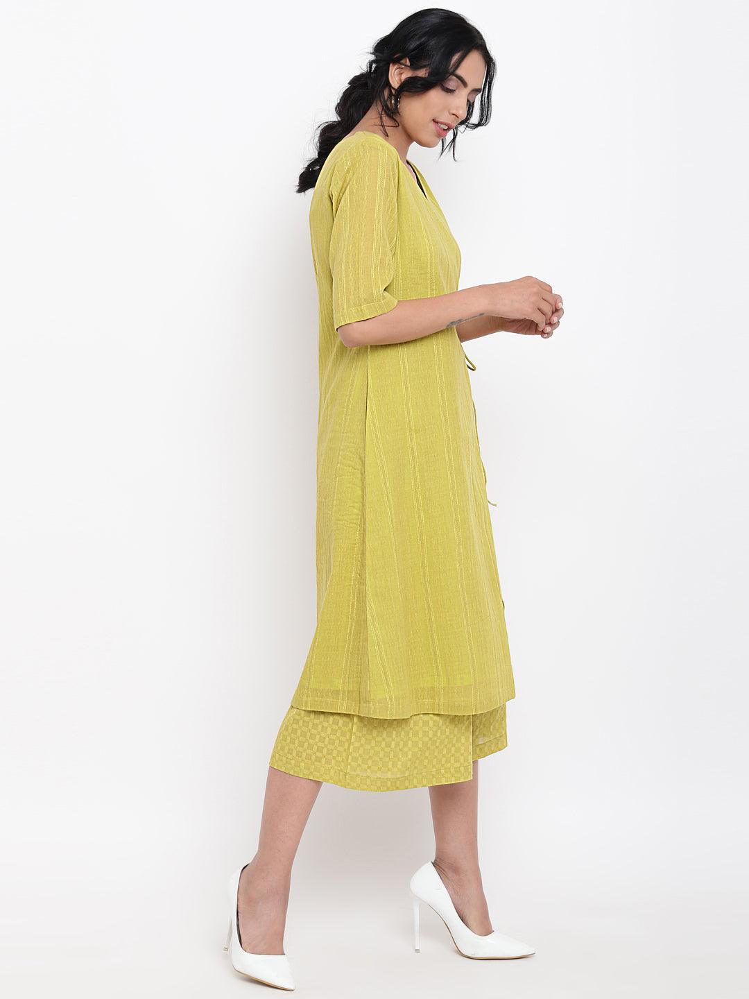 trueBrowns Green Cotton Angrakha Kurta Set