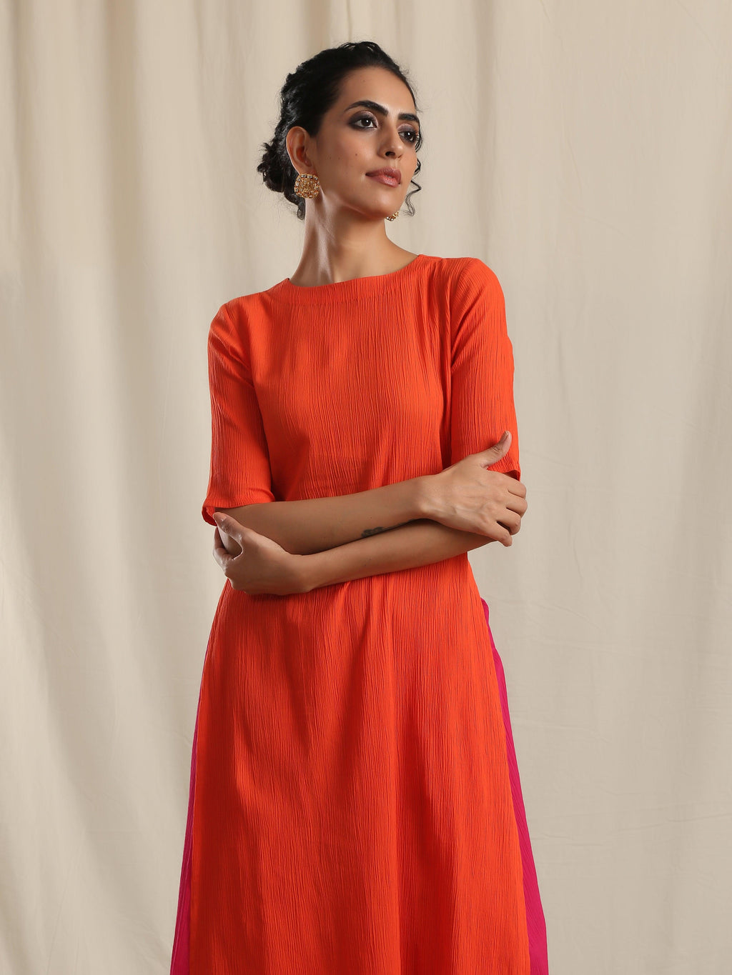 trueBrowns Orange Crinkle Slit Kurta Pant Set Relove