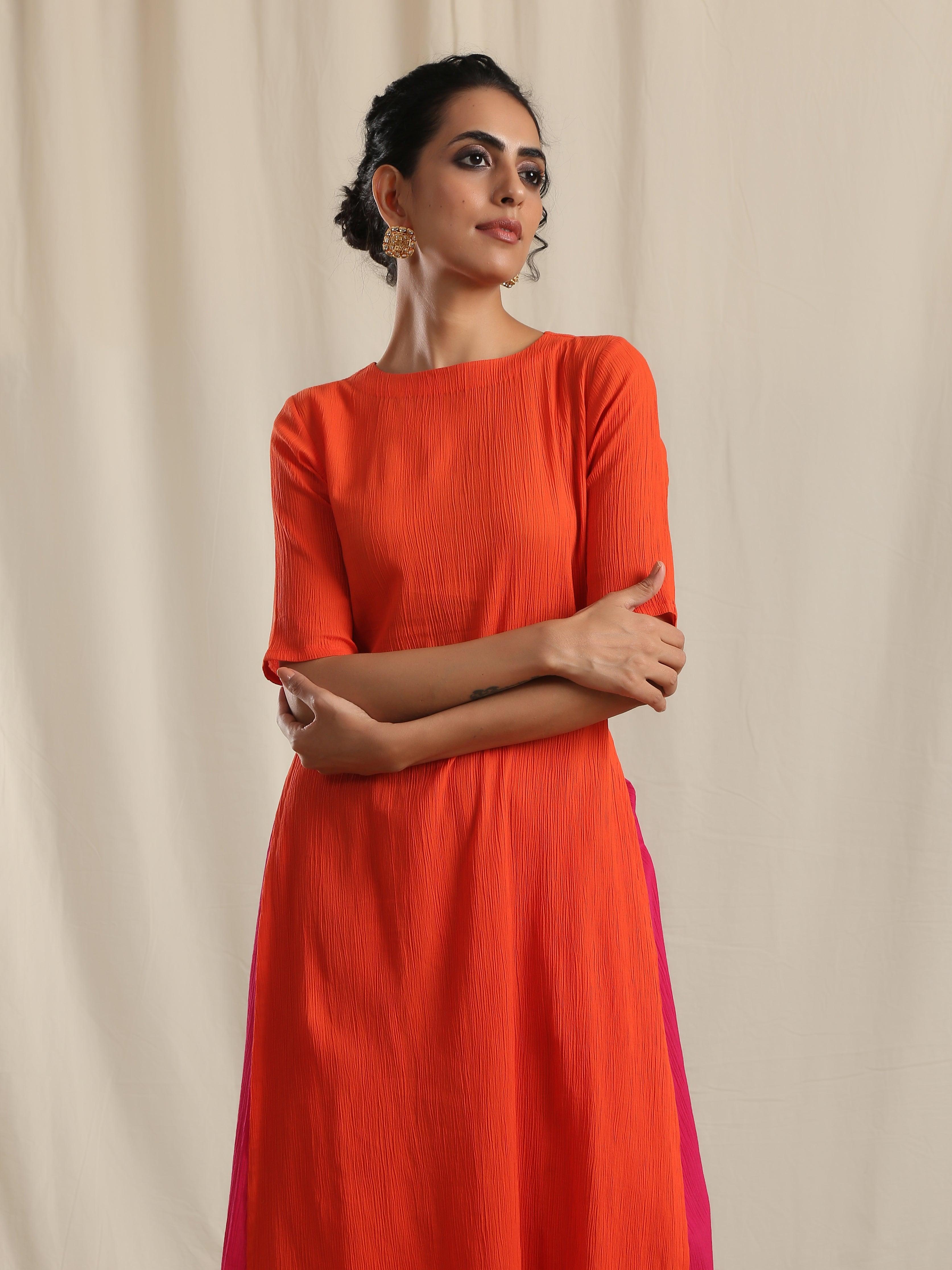 trueBrowns Orange Crinkle Slit Kurta Pant Set