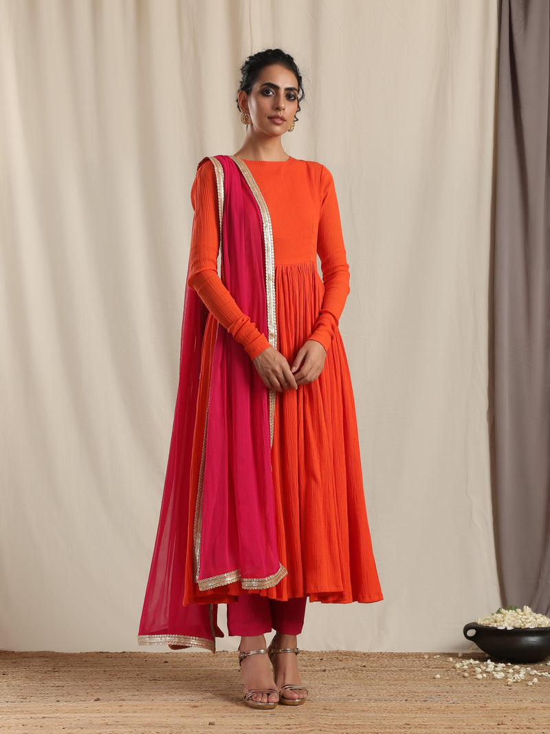 trueBrowns Orange Crinkle Anarkali Kurta Pant Dupatta Set