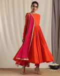 trueBrowns Orange Crinkle Anarkali Kurta Pant Dupatta Set
