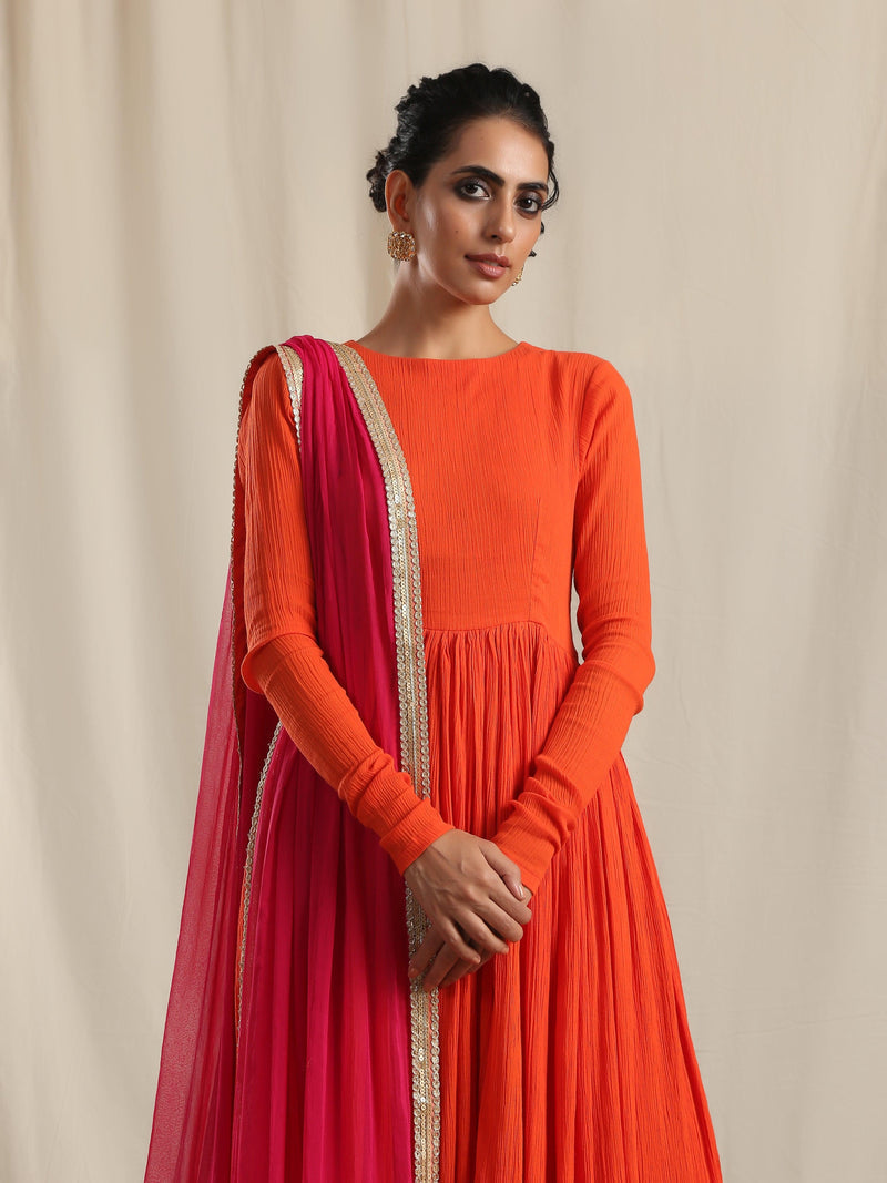 trueBrowns Orange Crinkle Anarkali Kurta Pant Dupatta Set