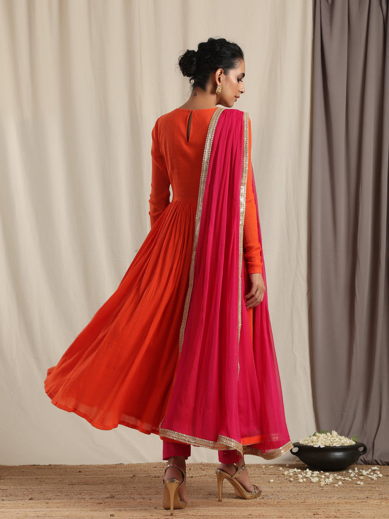 trueBrowns Orange Crinkle Anarkali Kurta Pant Dupatta Set