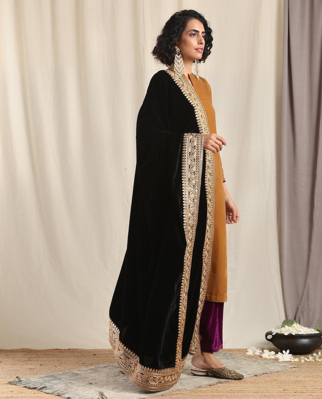 trueBrowns Black Velvet Embroidered Lace Shawl