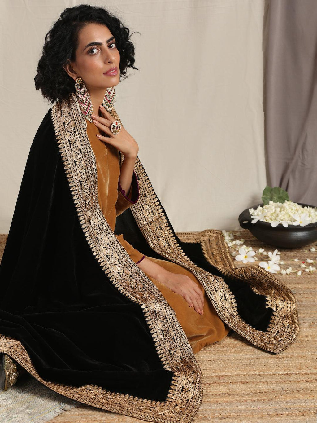 trueBrowns Black Velvet Embroidered Lace Shawl