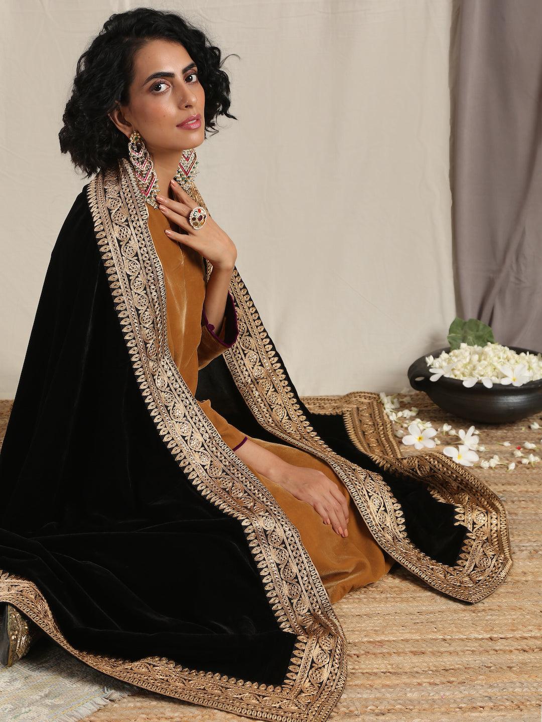 trueBrowns Black Velvet Embroidered Lace Shawl