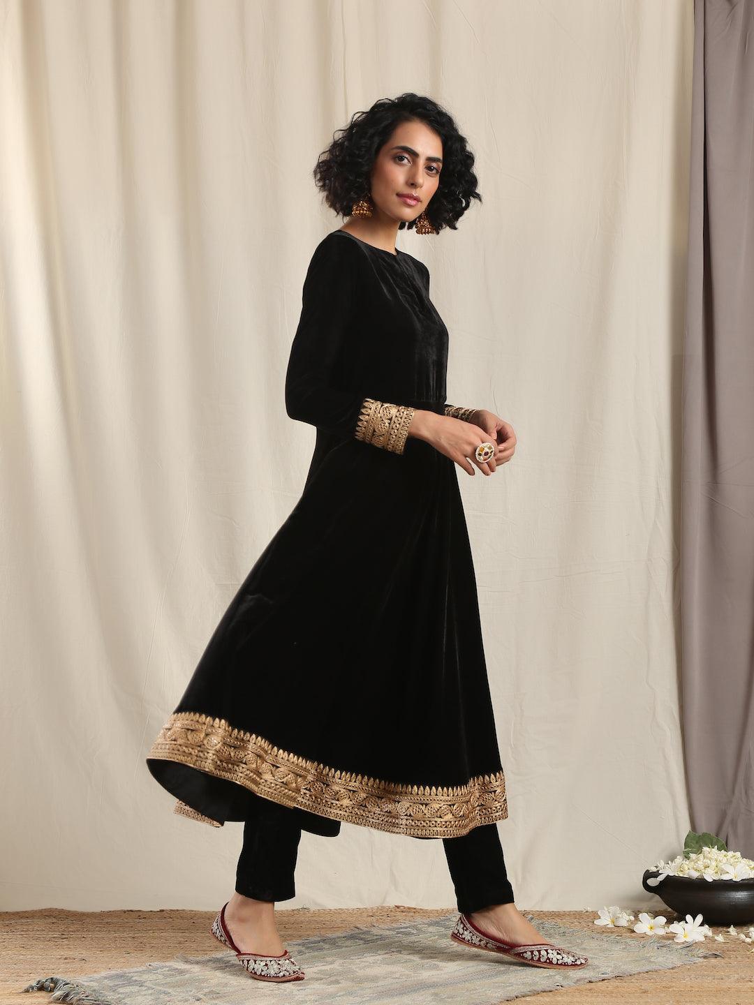 trueBrowns Black Velvet Flared Embroidered Kurta