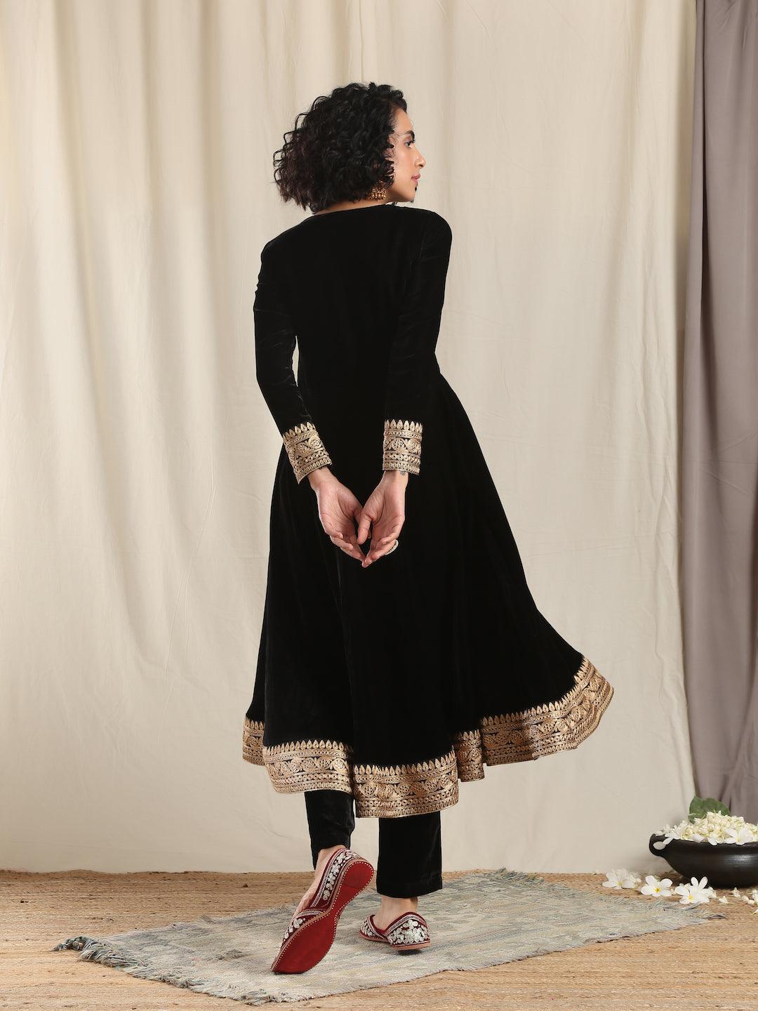 trueBrowns Black Velvet Flared Embroidered Kurta