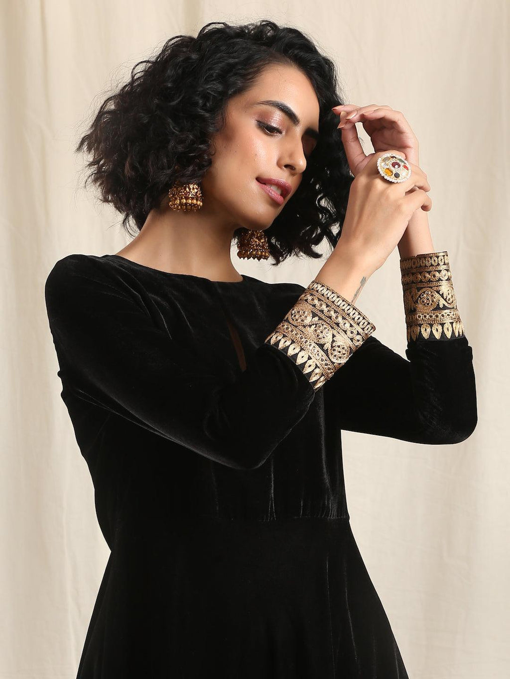 trueBrowns Black Velvet Flared Embroidered Kurta