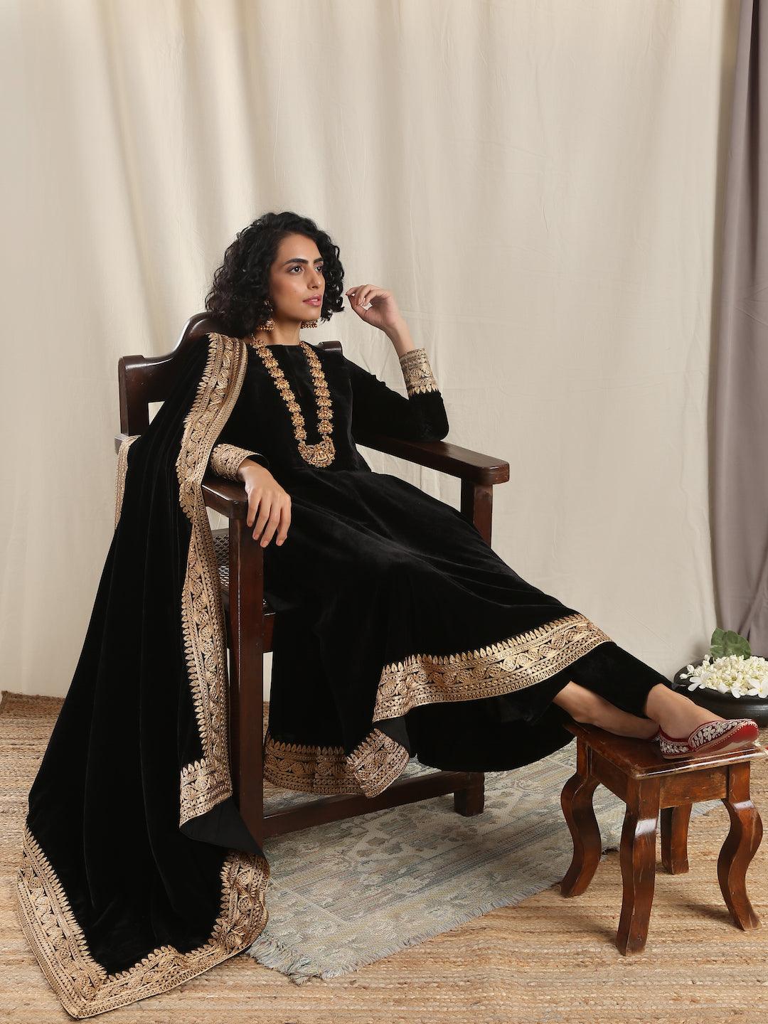 trueBrowns Black Velvet Flared Embroidered Kurta