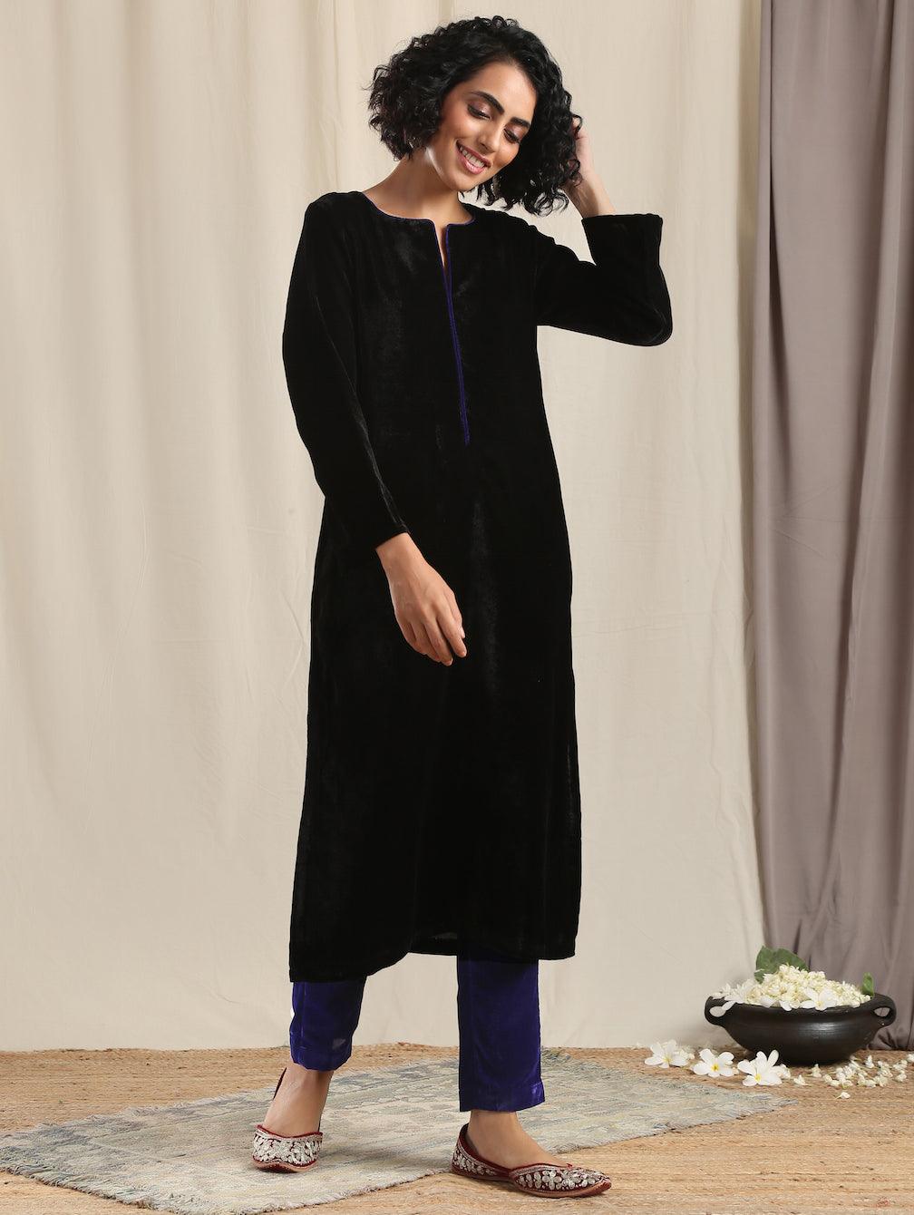 trueBrowns Black Velvet slit Kurta