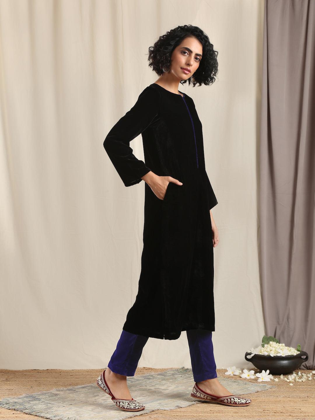trueBrowns Black Velvet slit Kurta