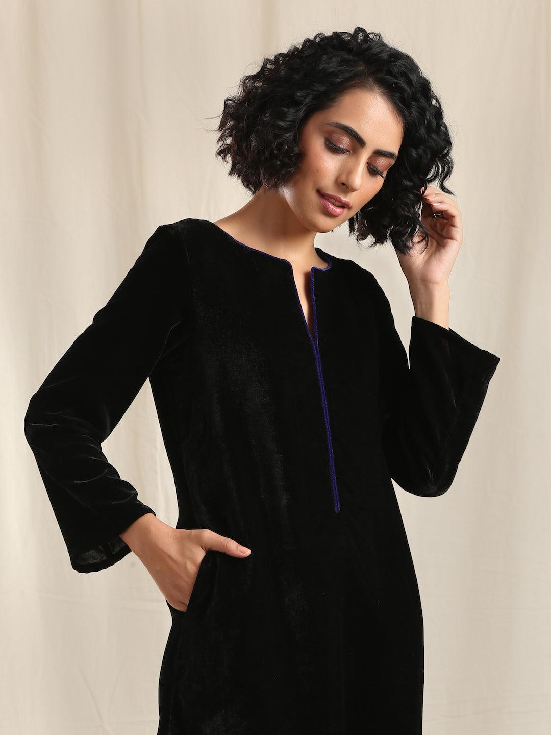 trueBrowns Black Velvet slit Kurta