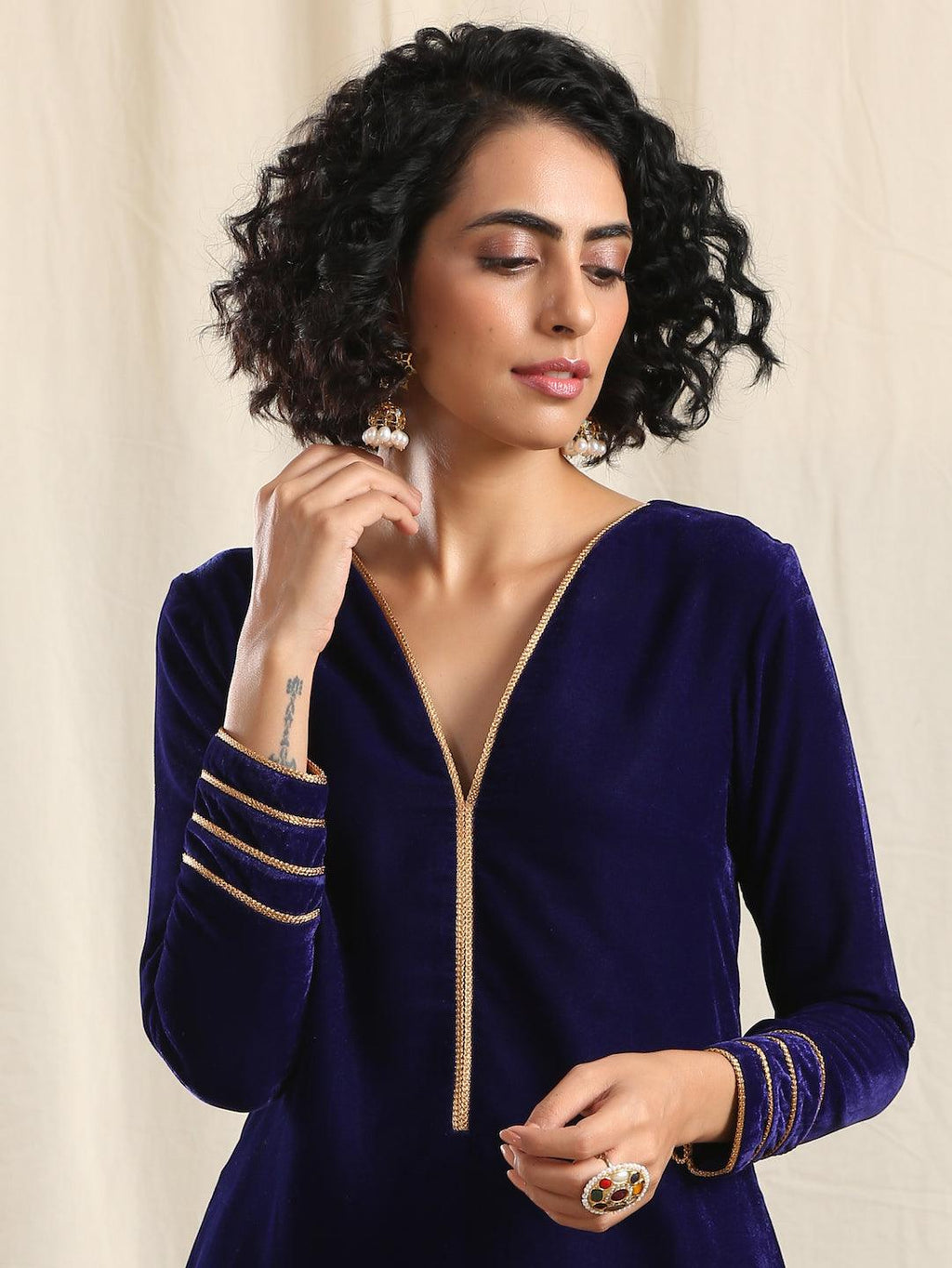 trueBrowns Blue Velvet Gota Kurta