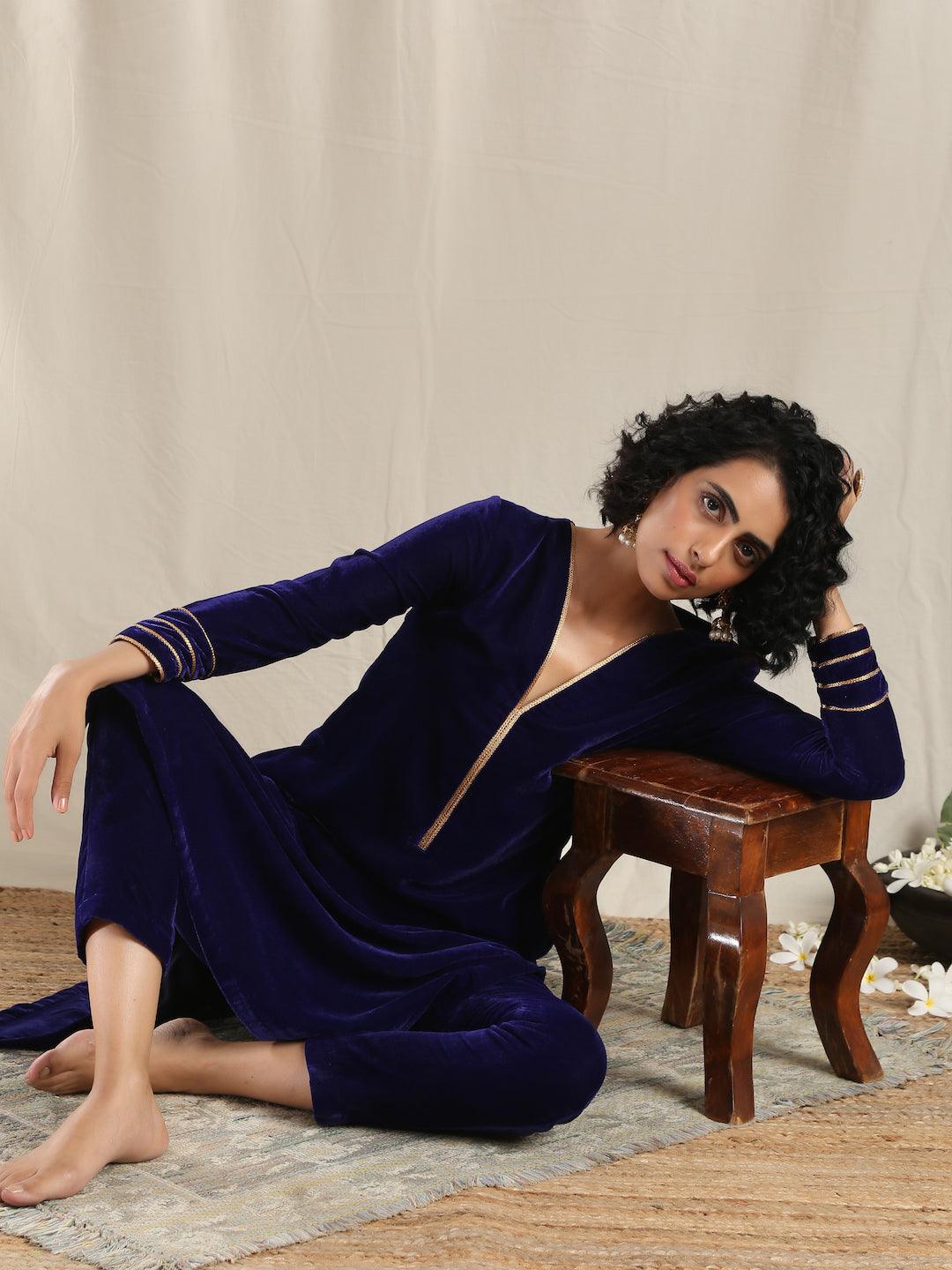 trueBrowns Blue Velvet Gota Kurta