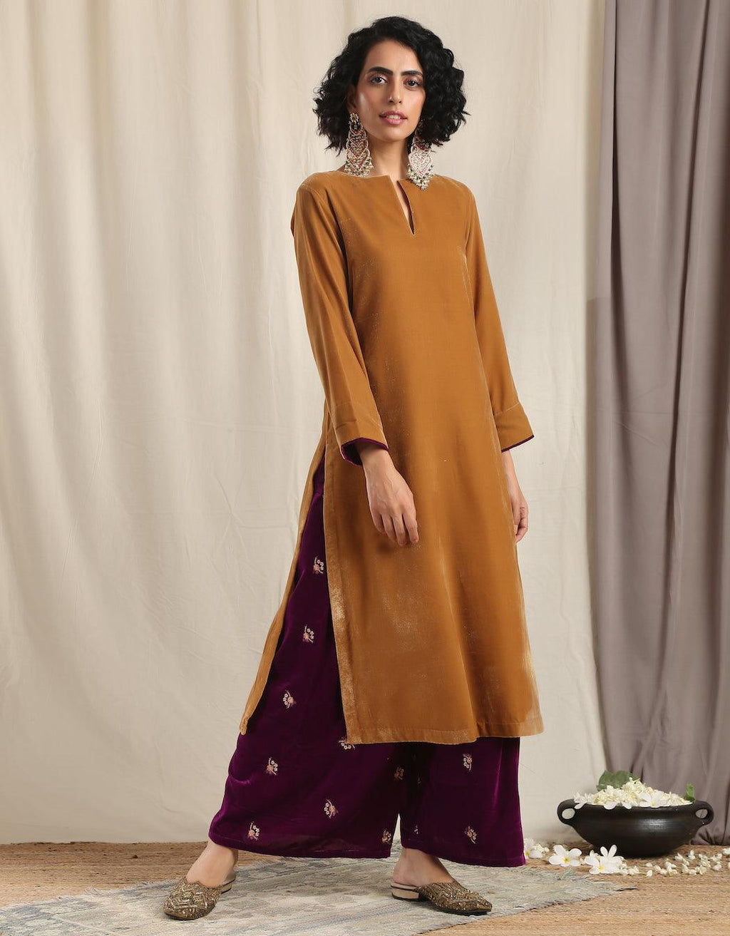trueBrowns Brown Velvet Slit Kurta