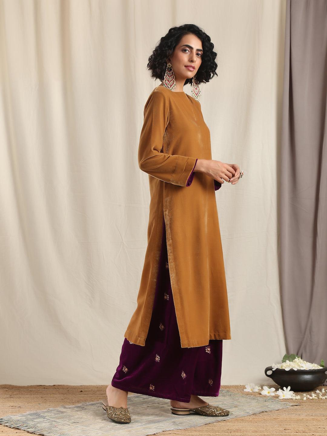 trueBrowns Brown Velvet Slit Kurta