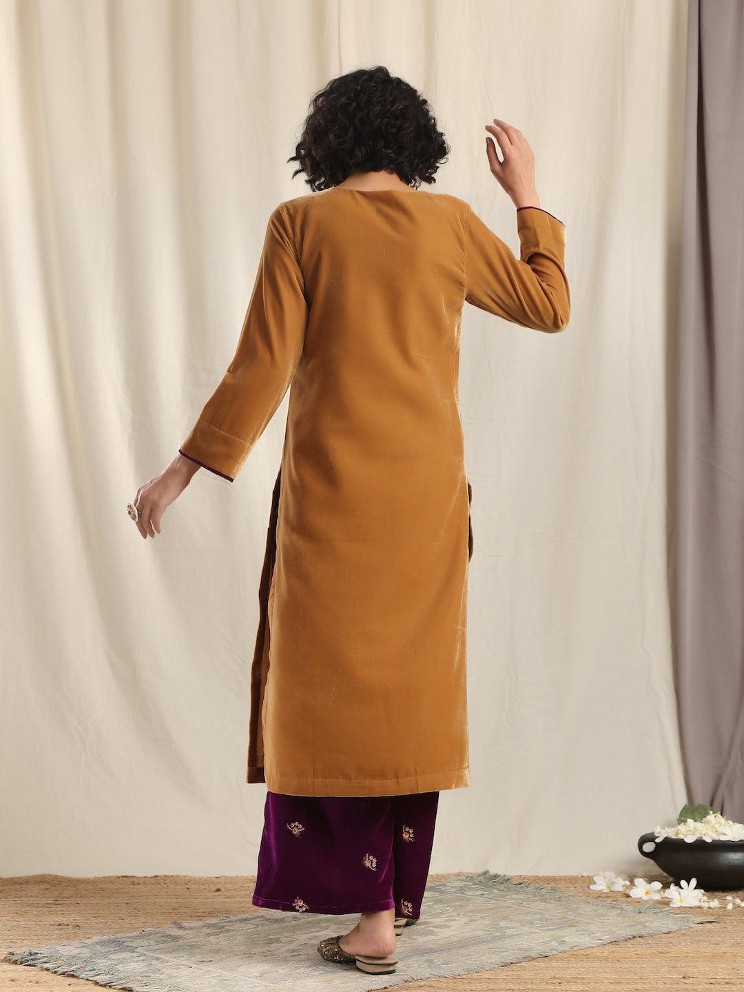 trueBrowns Brown Velvet Slit Kurta