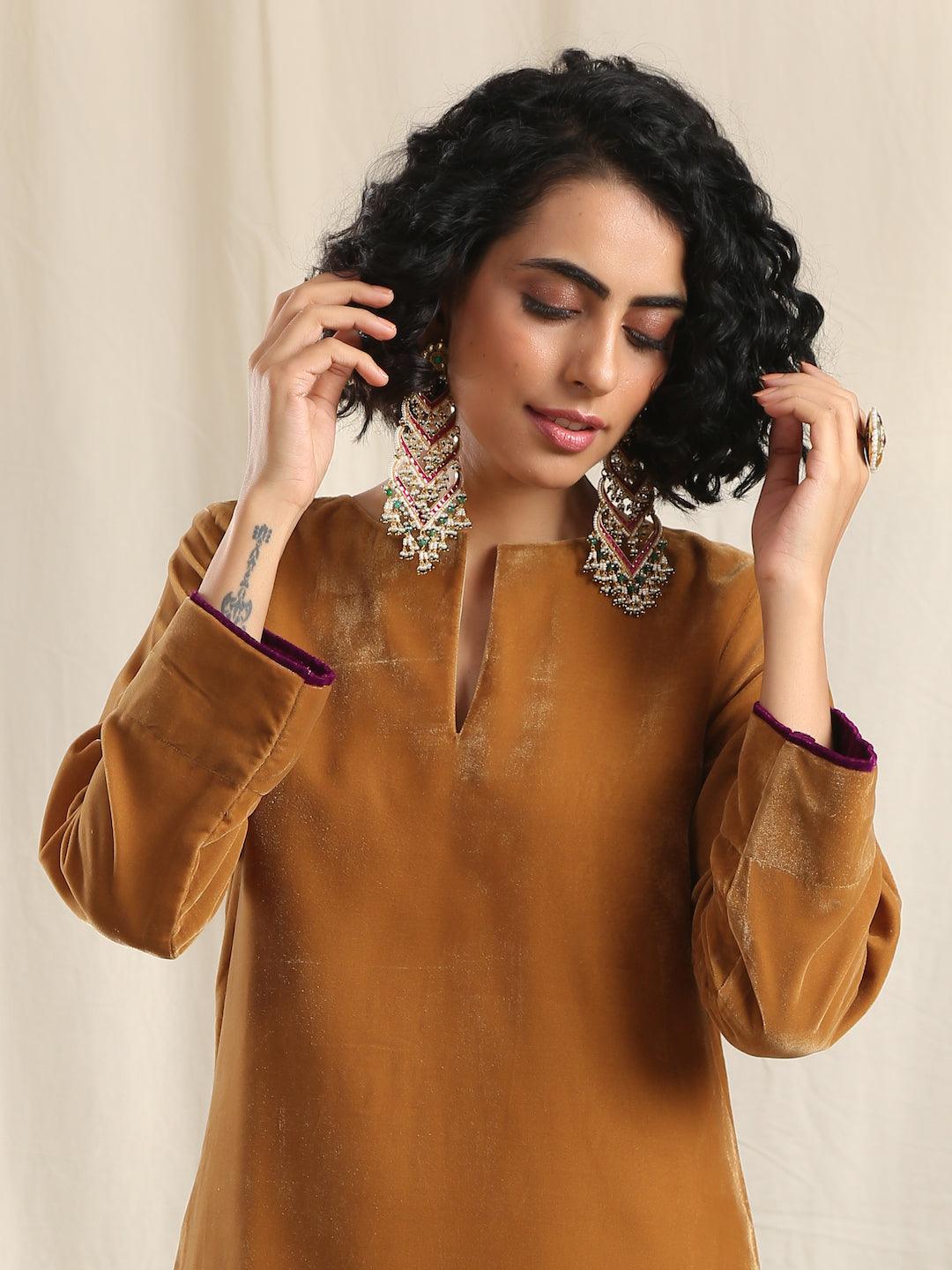 trueBrowns Brown Velvet Slit Kurta