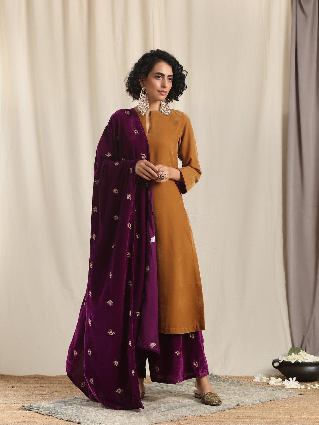 trueBrowns Brown Velvet Slit Kurta