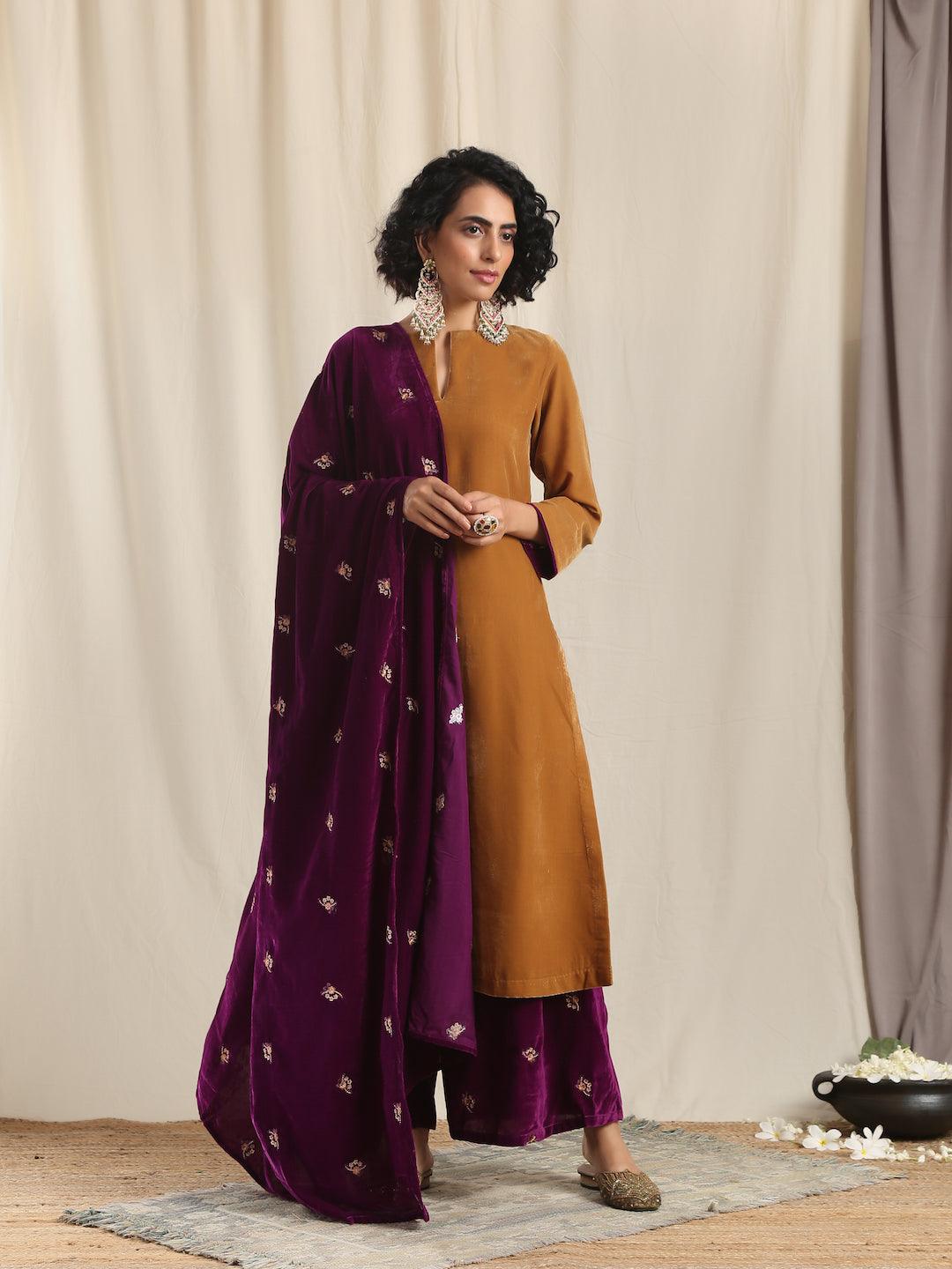 trueBrowns Brown Velvet Slit Kurta