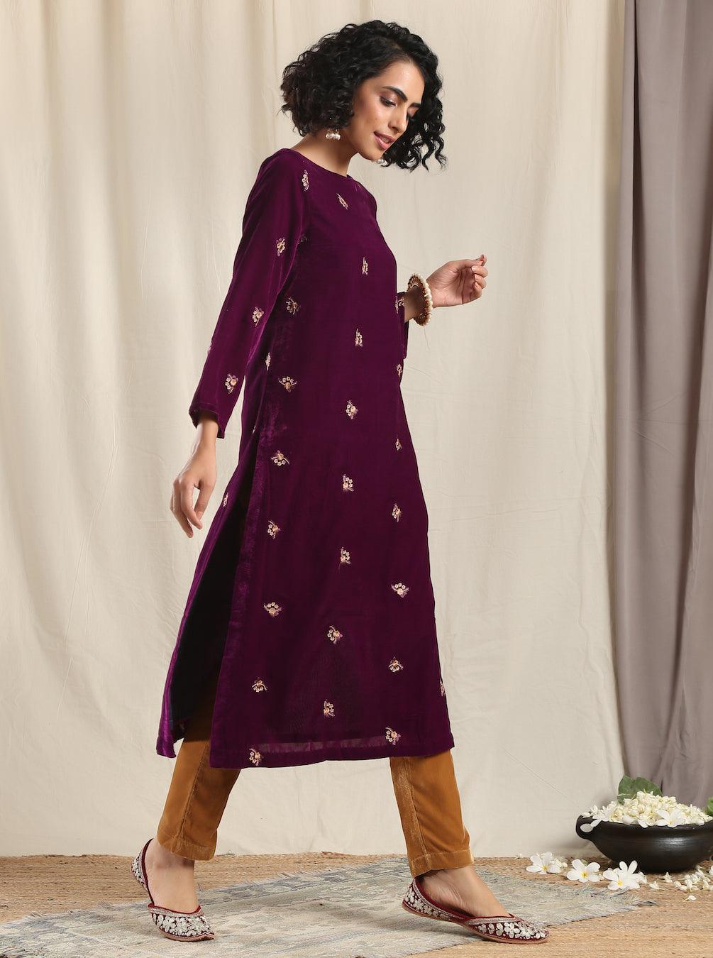 trueBrowns Wine Velvet Embroidered Slit Kurta