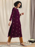 trueBrowns Wine Velvet Embroidered Slit Kurta