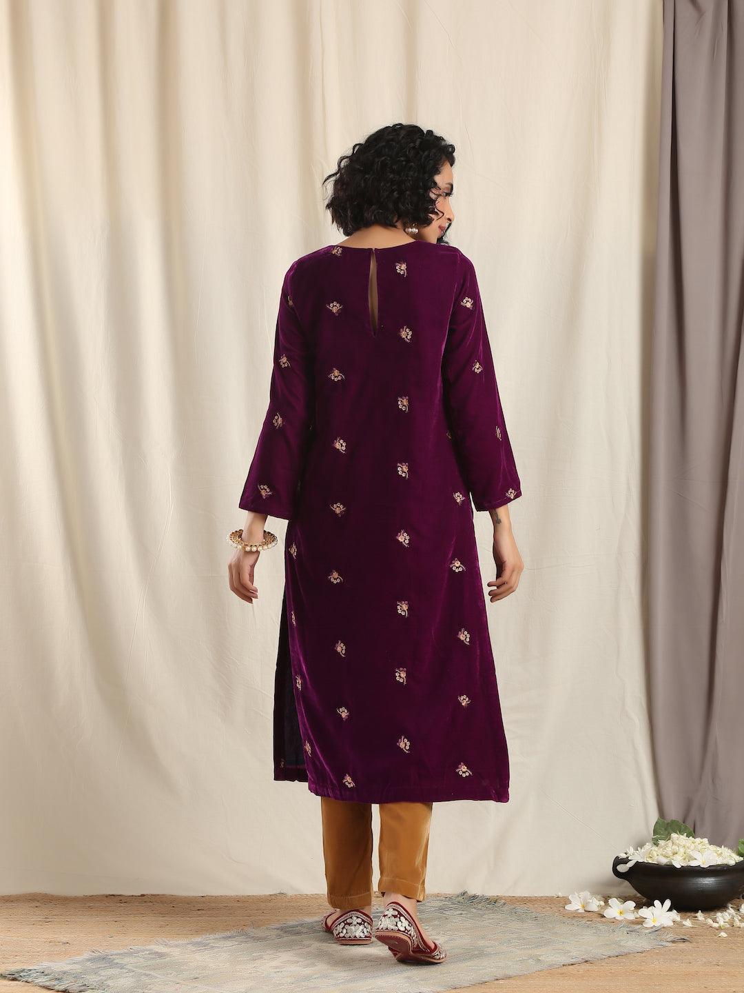 trueBrowns Wine Velvet Embroidered Slit Kurta