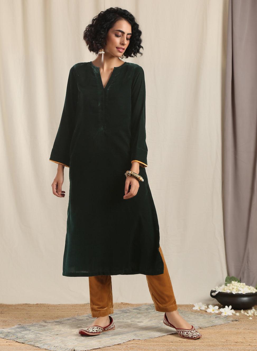 trueBrowns Green Velvet Slit Kurta