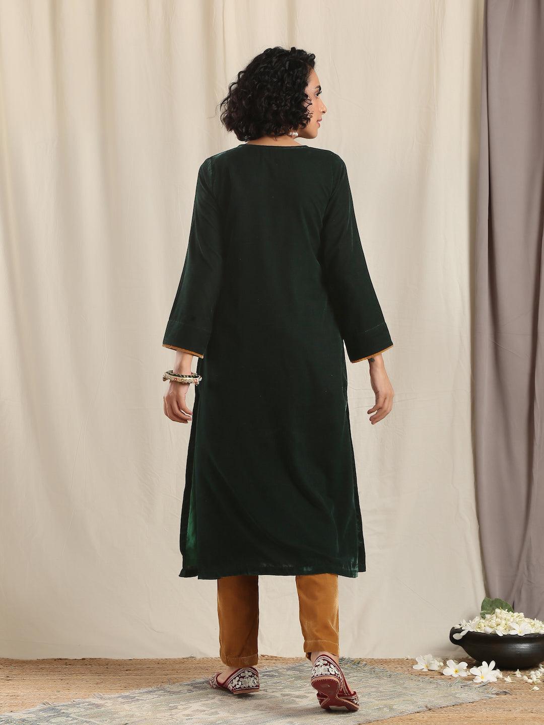 trueBrowns Green Velvet Slit Kurta