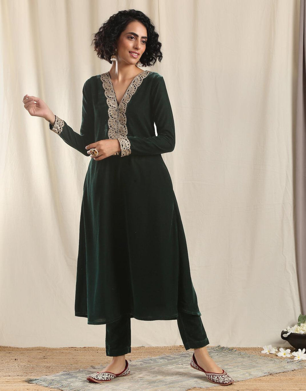trueBrowns Green Velvet Flared Gota Kurta
