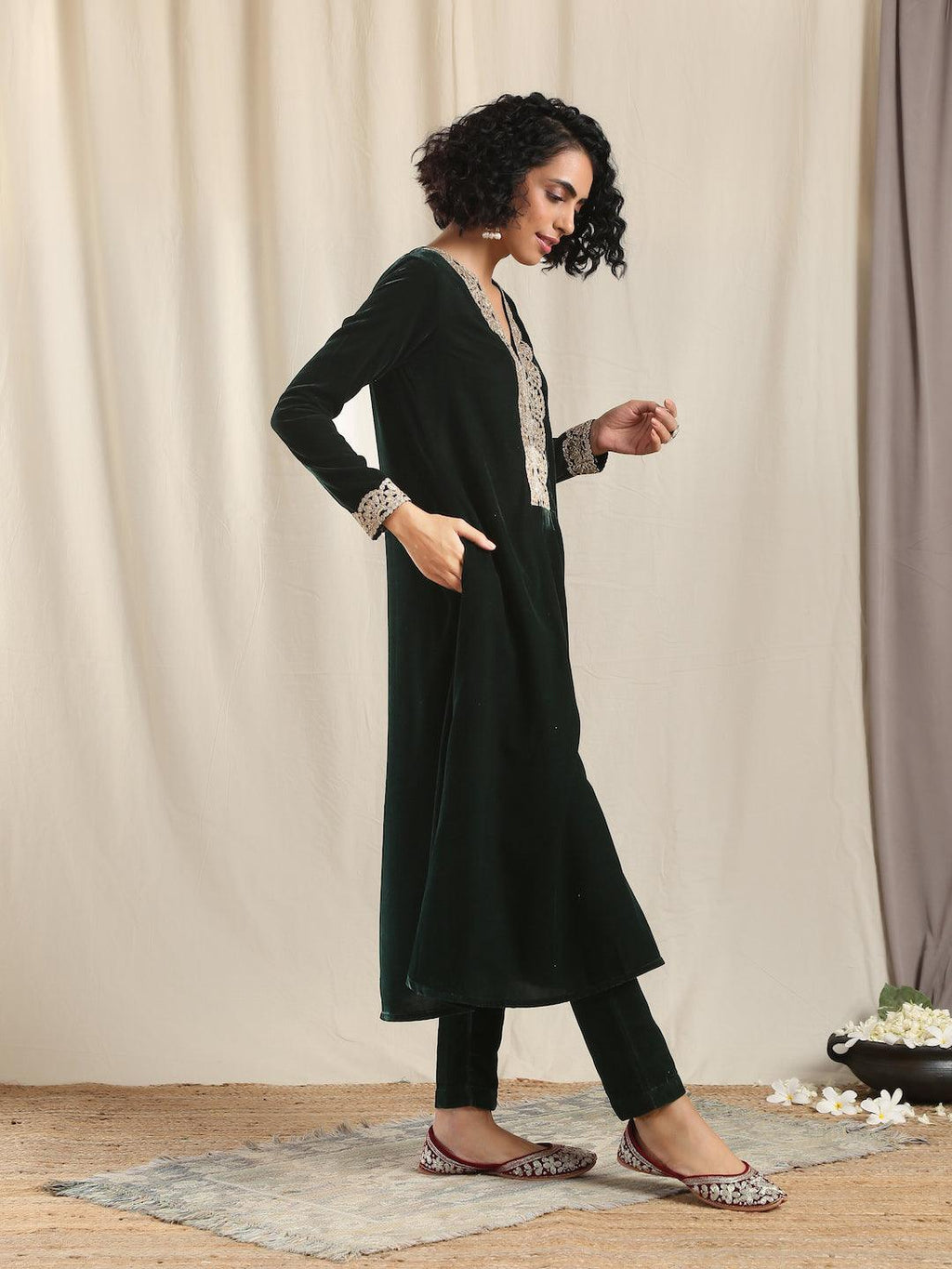 trueBrowns Green Velvet Flared Gota Kurta