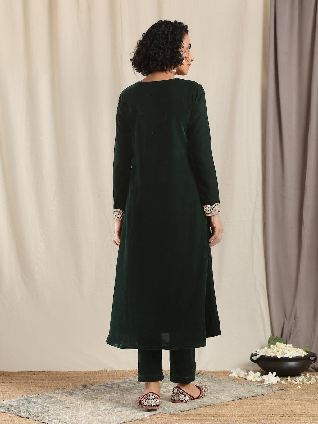 trueBrowns Green Velvet Flared Gota Kurta